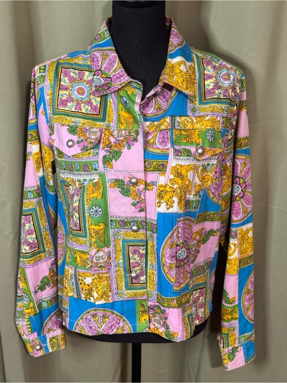 KEREN hart Multicolor Vintage Print w Sequins Button Jacket 100% Cotton Size L